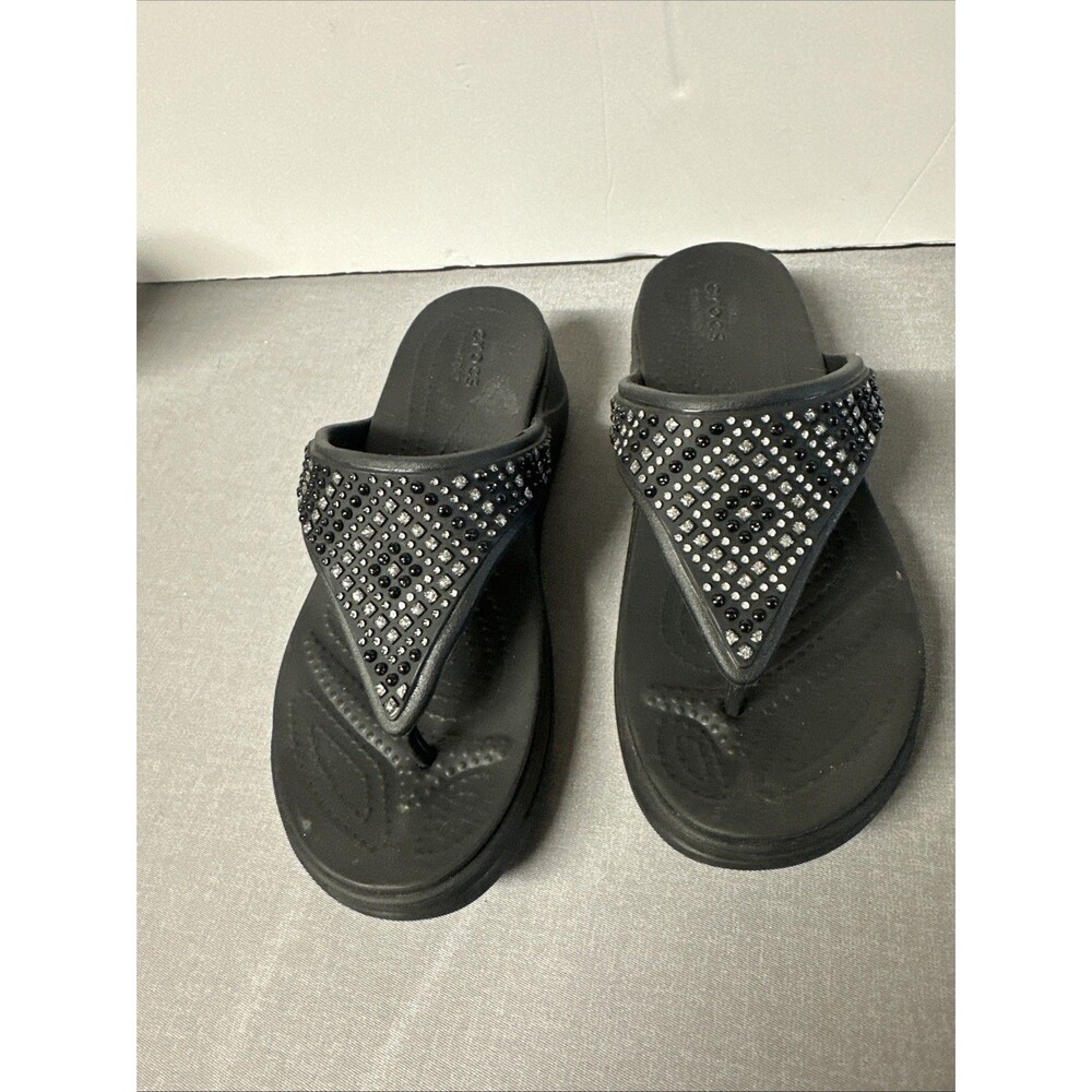Crocs Women size 5 black  Monterey shimmer slip on Sandal Rhinestone Low Wedge